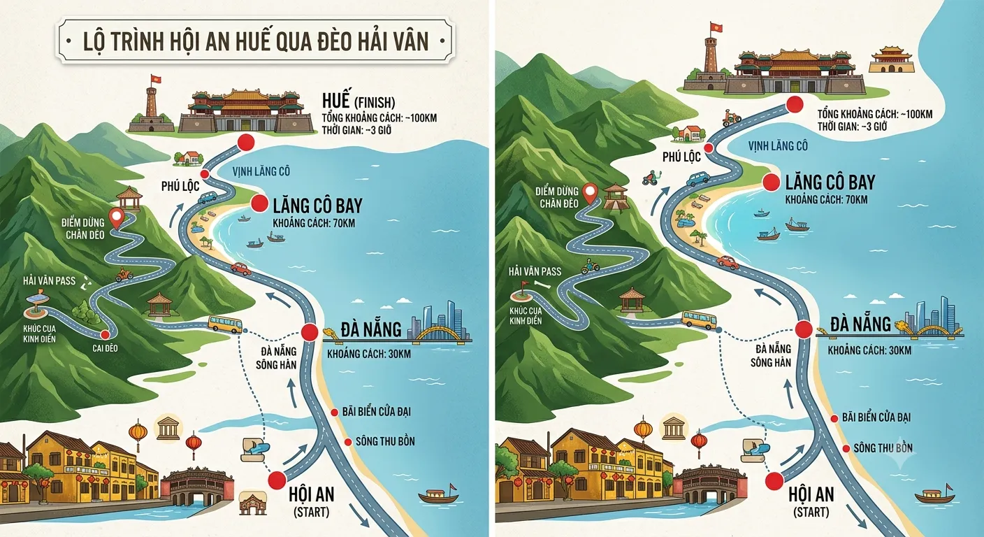 Đèo Hải Vân nhìn ra vịnh Lăng Cô trên đường Hội An đi Huế