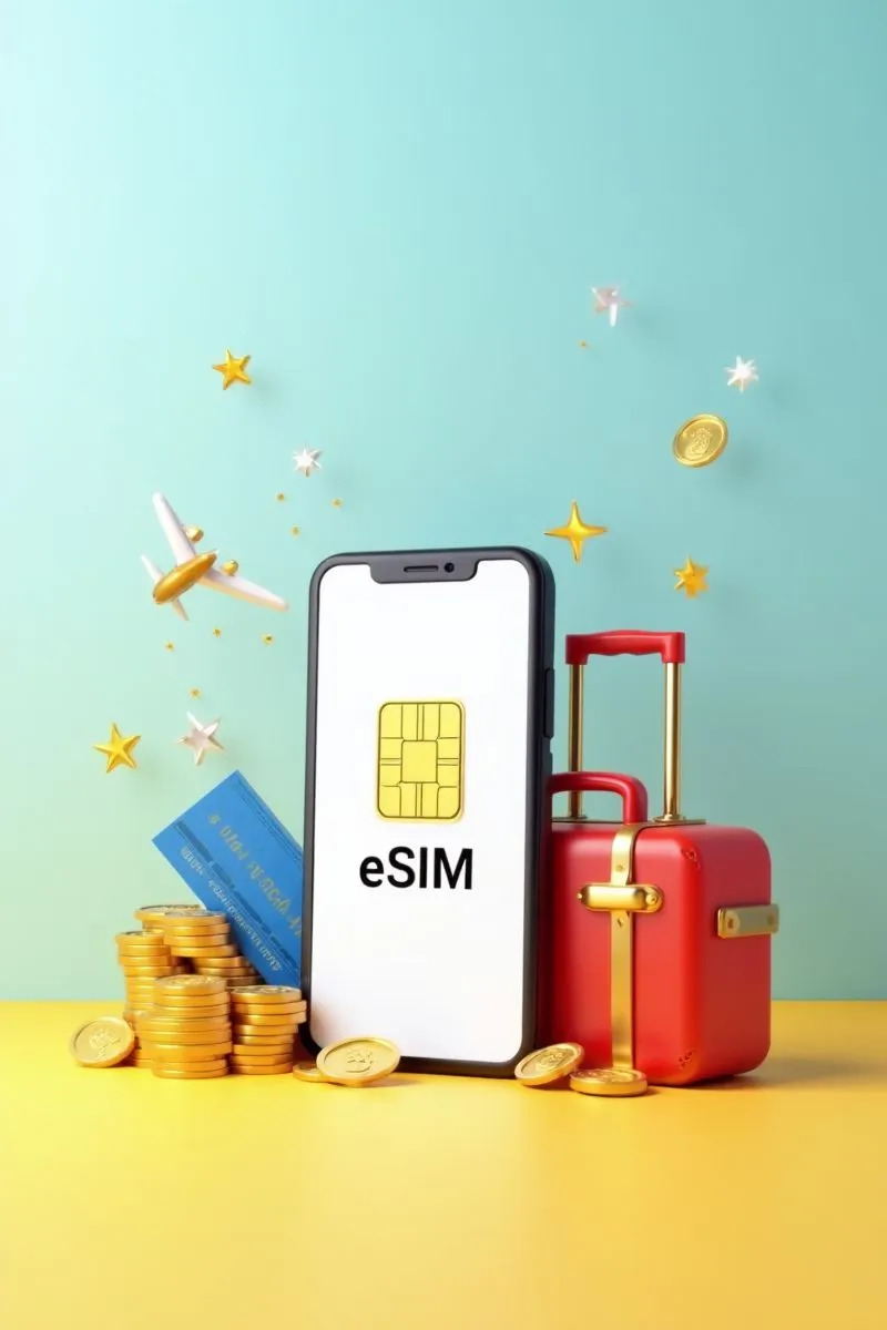 Minh hoạ eSIM du lịch: điện thoại hiện thẻ eSIM bên vali và máy bay