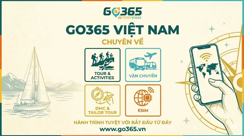 Áp phích giới thiệu dịch vụ Go365 Việt Nam: tour, vận chuyển, DMC và eSIM