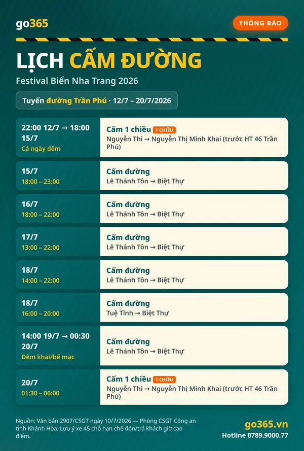 Lịch cấm đường Trần Phú phục vụ Festival Biển Nha Trang 2026