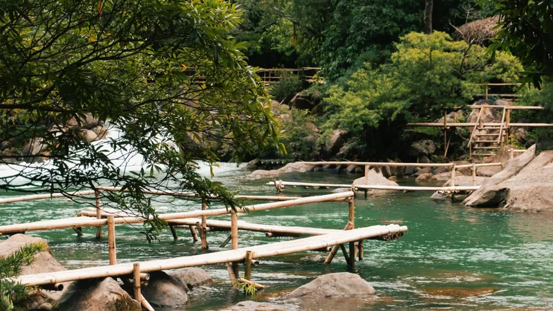 Bamboo bridge over the clear water of Nuoc Mooc Spring, Phong Nha - Ke Bang, Quang Binh, Vietnam